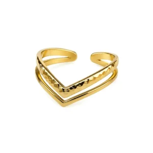 Ayla Dual V Ring in gold tone, double chevron open band on a white background